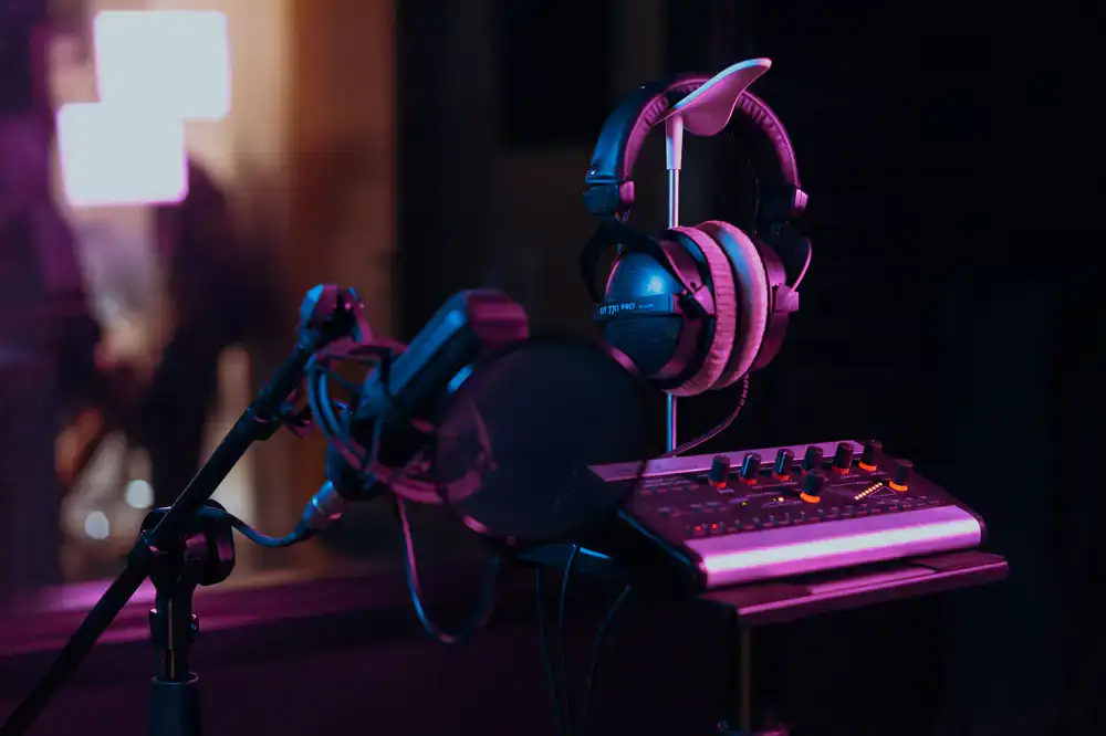 Professional studio microphones and audio interface setup