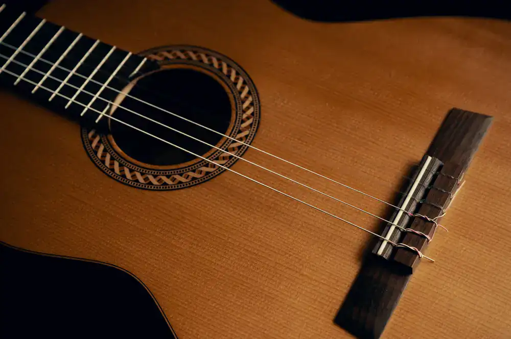 Close up of acoustic guitar wood grain and strings